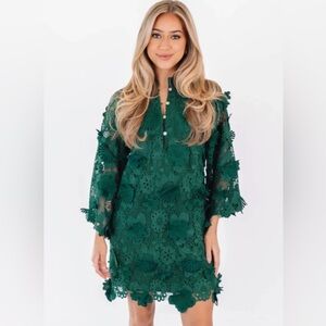 J.Marie Seraphina Shift Dress Green Floral 3D Lace 3/4 Sleeve Kaftan NWT
